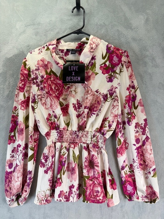 Love By Design Tops - New Pink Floral Size Medium Top Smocked-Peplum Long Sleeve Blouse